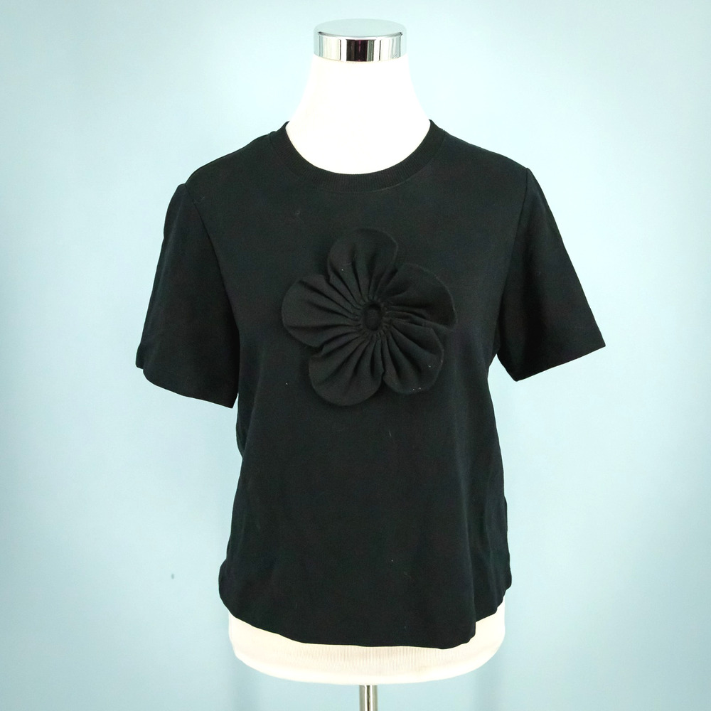 & Other Stories Size Small S Black Floral Flower Applique Crew Short Sleeve Top